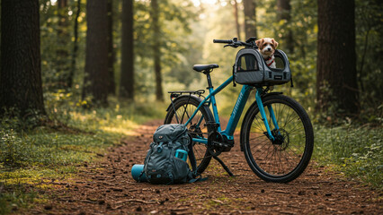 Fototapeta premium E-bike with small dog carrier attached, parked on forest trail with travel backpack