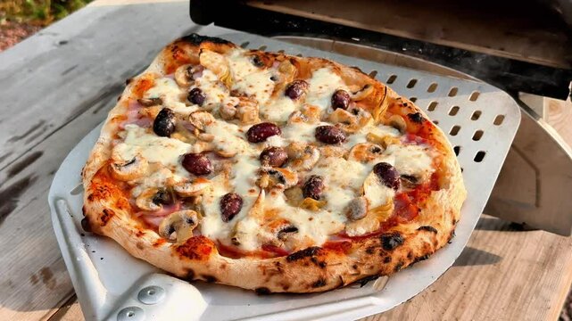 Homemade Pizza. Delicious fresh capricciosa pizza with ham, artichokes and olives out of home portable pellets oven. Outdoor pizza party.