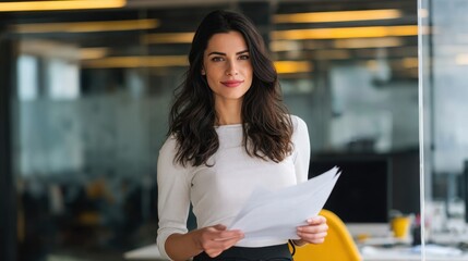 Woman in a white top holding papers in an office