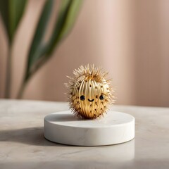 Golden Cute Spiky Figurine with Smiley Face on Marble Display

