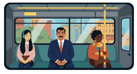 Diverse Commuters Riding City Subway Train Flat Design Illustration