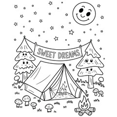Fototapeta premium Cute forest camping scene coloring page with tent, cartoon bear, owl, moon, stars, and campfire in black and white line art style