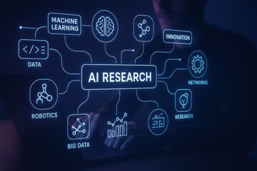 Fototapeta premium AI Research Interface Displaying Concepts like Machine Learning, Big Data, Robotics, and Innovation Network 