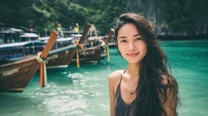 Woman posing in front of longtail boats and turquoise water
