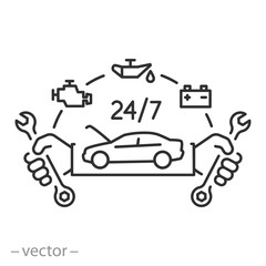car service 24 on 7, auto repair icon, transport service emblem, repair station, line symbol on white background - editable stroke vector illustration eps10