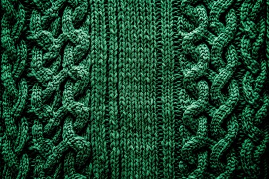 Close up view of green cable knit fabric showcasing a textured repeating pattern, ideal for backgrounds or design elements related to fashion, warmth, or winter