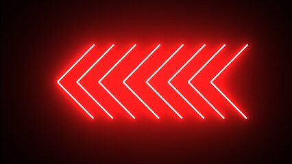 Glowing red neon single line directional left blinking arrow. Abstract neon flashing light back arrow