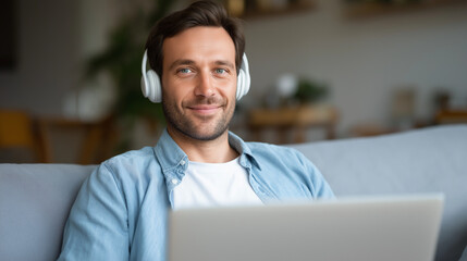 Relaxed Man Working on Laptop in Cozy Home Office Setting
