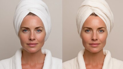 Before and after skin treatment. Woman with towel on head