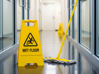 Cleaning area in corridor features a bright yellow caution wet floor sign accompanied by a yellow mop on wet polished grey floor
