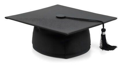Black graduation cap with tassel against white background.
