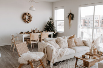 cozy minimalist christmas celebration in small urban apartment in usa featuring essential decorations
