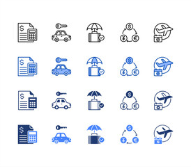 Business Travel icon sheet multiple style, Expense, Car, Insurance, Currency, Arrangements.