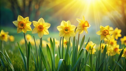 Fototapeta premium Bright yellow daffodils sway gently in the warm sunlight amidst lush green grass