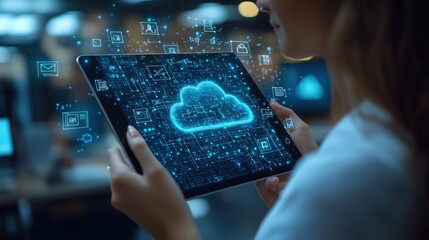 Digital cloud Woman holds a tablet displaying a cloud surrounded by connection graphics