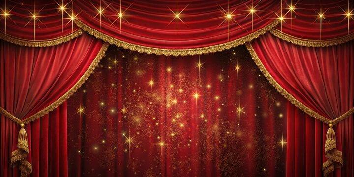 Velvet red curtain adorned with intricate golden embroidery and twinkling starlight