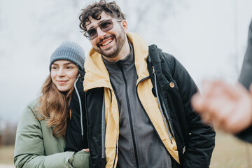 Two cheerful young friends in warm clothing enjoying time together outdoors during winter.