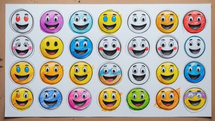 Naklejka premium a collection of colorful smiling emoji faces arranged in rows. Each face displays a different expression, showcasing a range of emotions 
