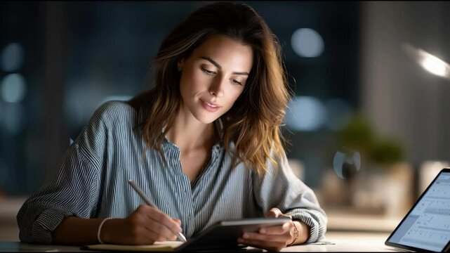 A focused woman working late at night, using a tablet and notepad to jot down ideas. The warm glow of desk lights creates a cozy atmosphere in a modern workspace.