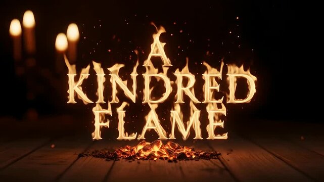 Title 'A Kindred Flame' burning brightly, symbolizes passion, connection. Ideal for romance novels, historical dramas, warm ambiance, heartfelt stories, spiritual themes.