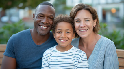 Family enjoying quality time on a bench outdoors with smiles