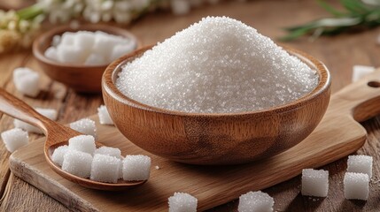 Wooden bowl filled with granulated and cubed sweetener on cutting board, accompanied by spoon