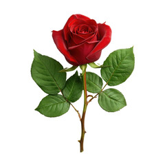Red rose with green leaves single flower long stem