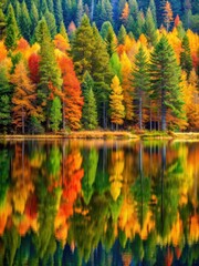 Obraz premium Dense Pine forest with towering trees and vibrant autumn colors reflected in a serene lake