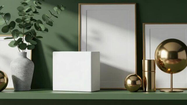 Decorative video mockup with empty frames alongside a display stand and sphere. Decorative sphere with empty frames add elegance to interior decor