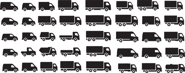 Various trucks and vans in black silhouette lorry cargo