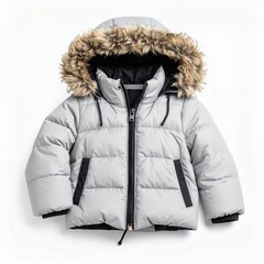 Isolated stylish light grey winter jacket with furry hood for kids on white background