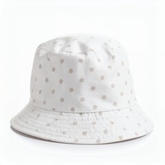 Stylish polka dot bucket hat, a charming headwear accessory for sunny days on white background