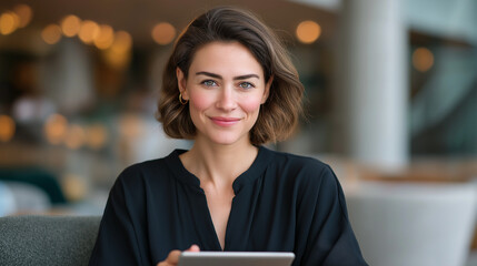 Professional Woman in Lounge Chair with Tablet and Mug