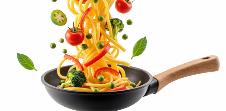 Delicious pasta dish with vibrant vegetables, including tomatoes, broccoli, and peppers, creating colorful and appetizing presentation