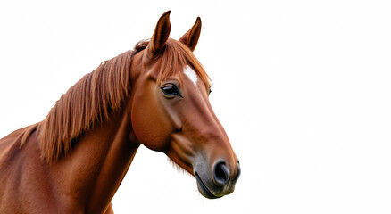 Naklejka premium Detailed portrait of brown horse with flowing mane, showcasing its expressive eyes and strong features, evokes sense of grace and beauty