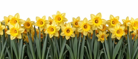 Bright yellow daffodils bloom lush green field, creating vibrant and cheerful atmosphere. flowers stand tall against transparency background