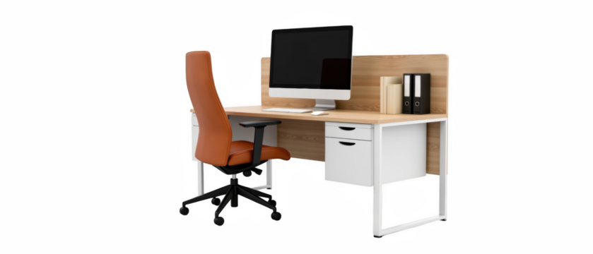 Modern desk with computer, ergonomic chair, wooden accents, and storage drawers creates stylish workspace