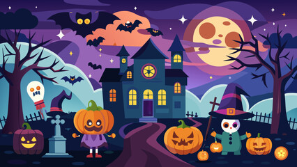 Vector art of halloween characters gather at a haunted house under a bright jackolantern moon