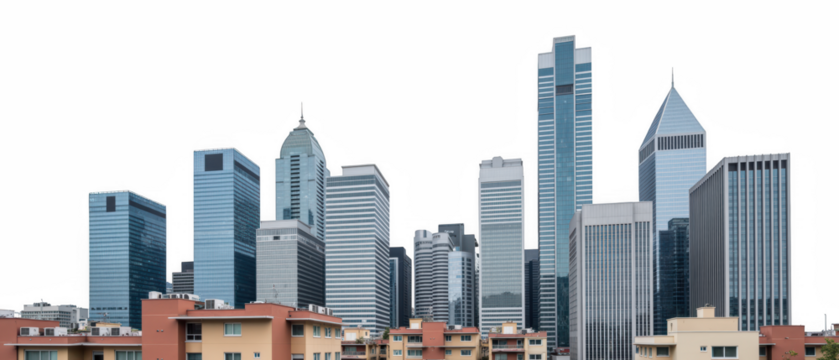 Modern skyscrapers dominate skyline, showcasing sleek glass facades and unique architectural designs, creating vibrant urban atmosphere