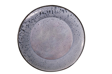 Trendy Circle Pale blue sand grain texture handmade Ceramic Dish plate, top view stoneware plate. Empty Blue ceramic plate on dark background. Empty spotted uneven saucer. Matte dish isolated white