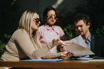 Three diverse business colleagues conduct an outdoor meeting, reviewing documents. The group...