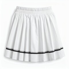 Crisp white pleated skirt with black stripe detail for fashion display on white background