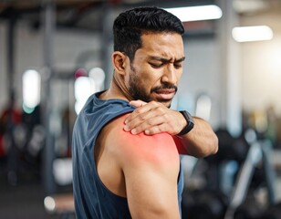 Fototapeta na wymiar Man with shoulder pain in gym