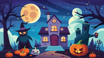 Vector art of a spooky haunted house stands under a large full moon on halloween night with pumpkins and a witch