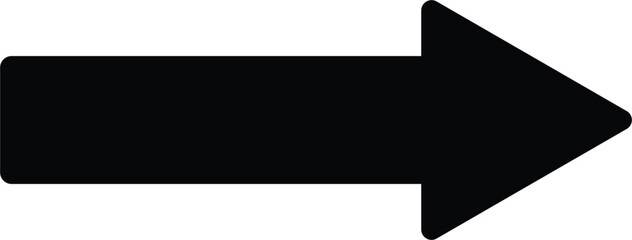 Simple right arrow icon in black silhouette. Minimalist directional symbol for user interface, map navigation, infographics, or signage design.