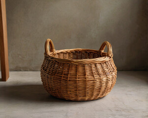 Woven wicker basket with handles on concrete floor natural brown