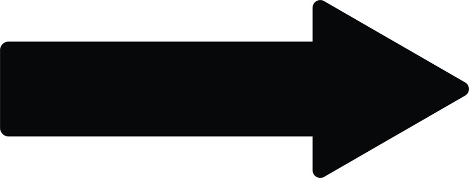 Simple right arrow icon in black silhouette. Minimalist directional symbol for user interface, map navigation, infographics, or signage design.