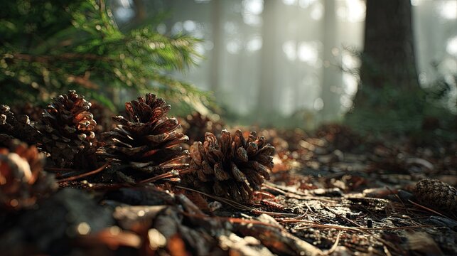 Forest floor with pine cones in sunlit mist