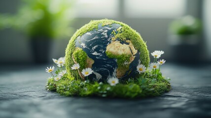 Vibrant Green Earth Globe Covered in Moss and Daisies - Ecology and Sustainability Concept globe pet