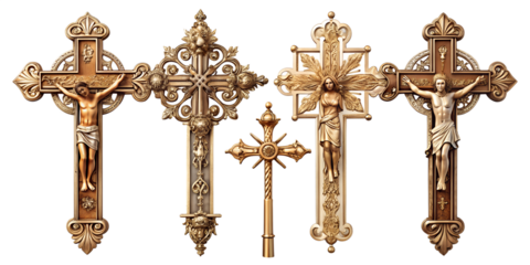Ornate Golden Crucifixes Religious Symbol Collection on Transparent Background collection